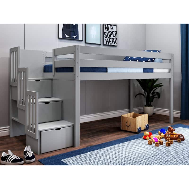 JACKPOT Contemporary Low Loft Twin Bed with 3 Step Stairway and Tent