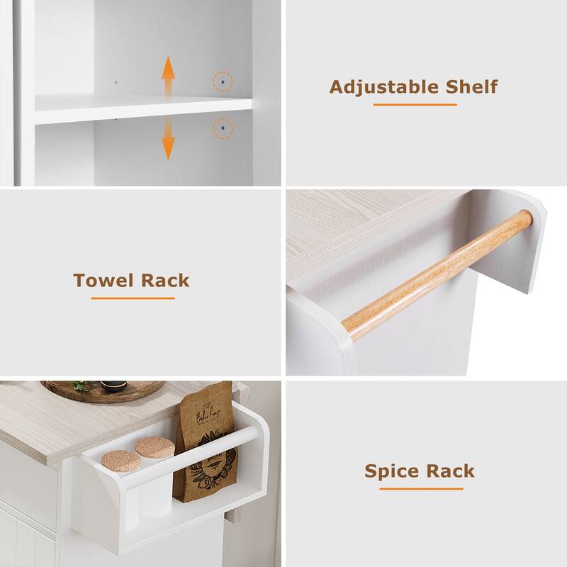 Kitchen Island with Trash Can Storage Cabinet,with Drop Leaf, Spice Rack, Towel Rack and Drawer, Rolling Kitchen Island on Wheel