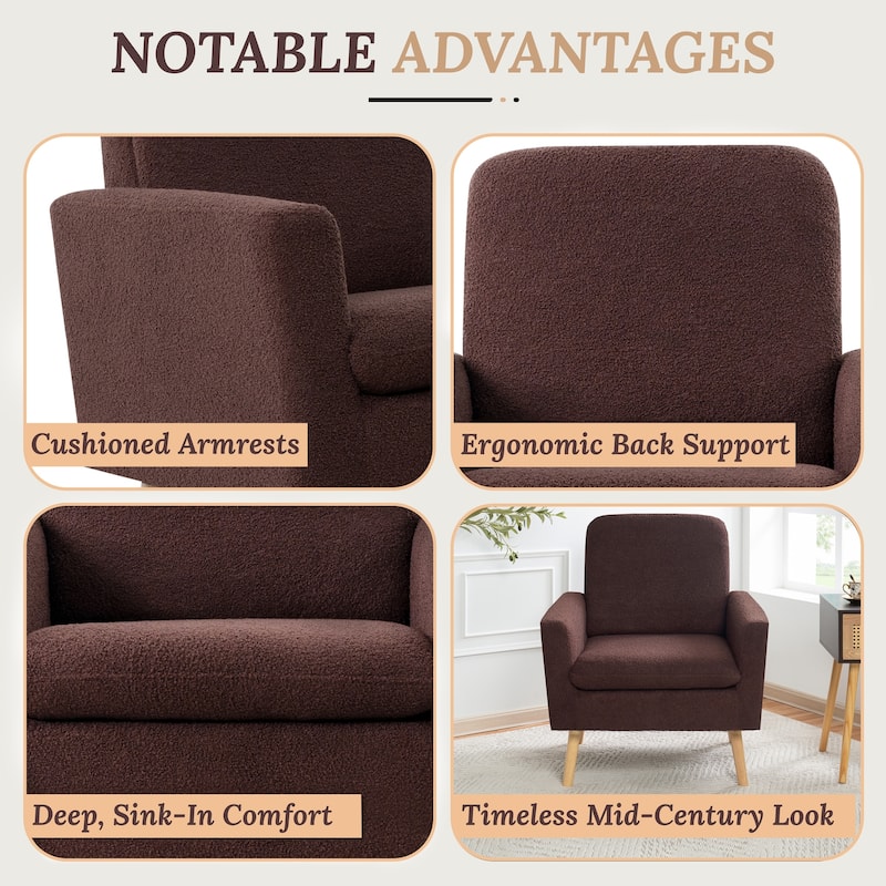 Mid-Century Accent Chair, Wooden Frame Armchair with Soft Teddy Fleece