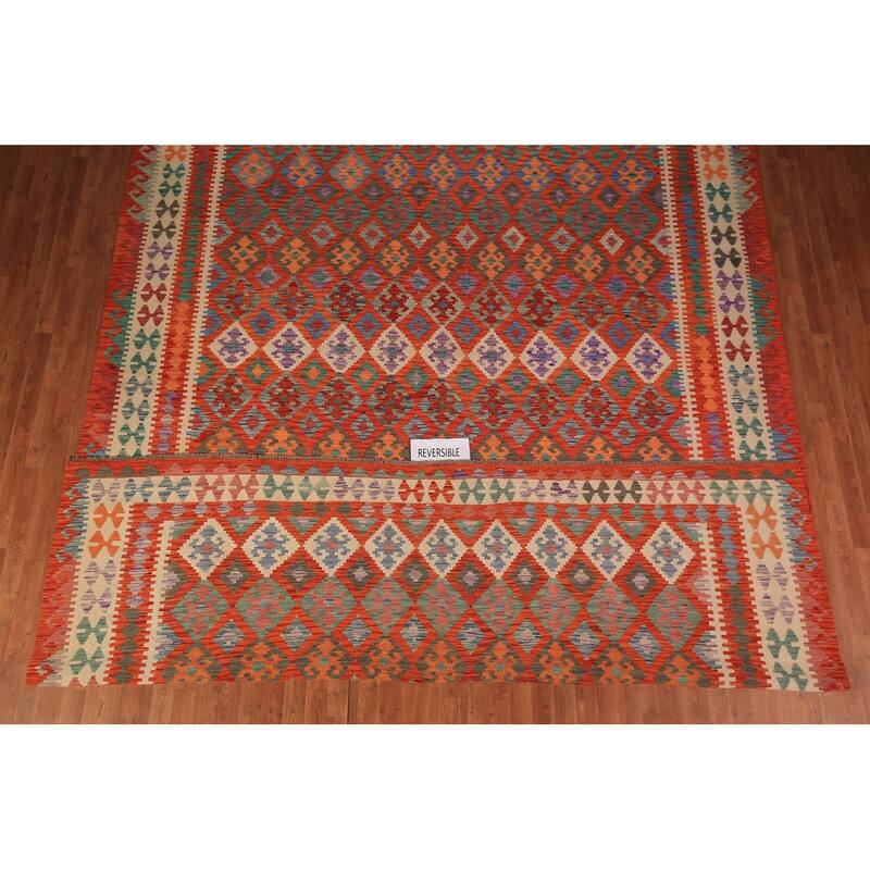 Orange Geometric Kilim Oriental Large Rug Flatweave Wool Carpet - 10'1" x 16'3"