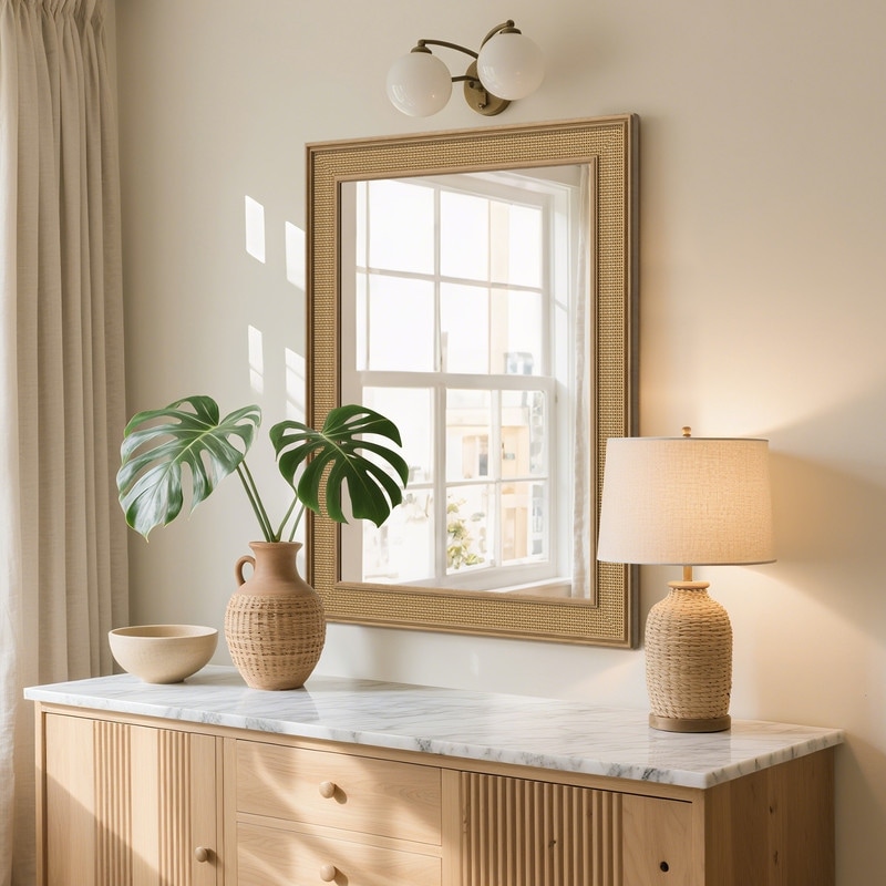 Rattan Wall Mirror with Wooden Framed for Bathroom