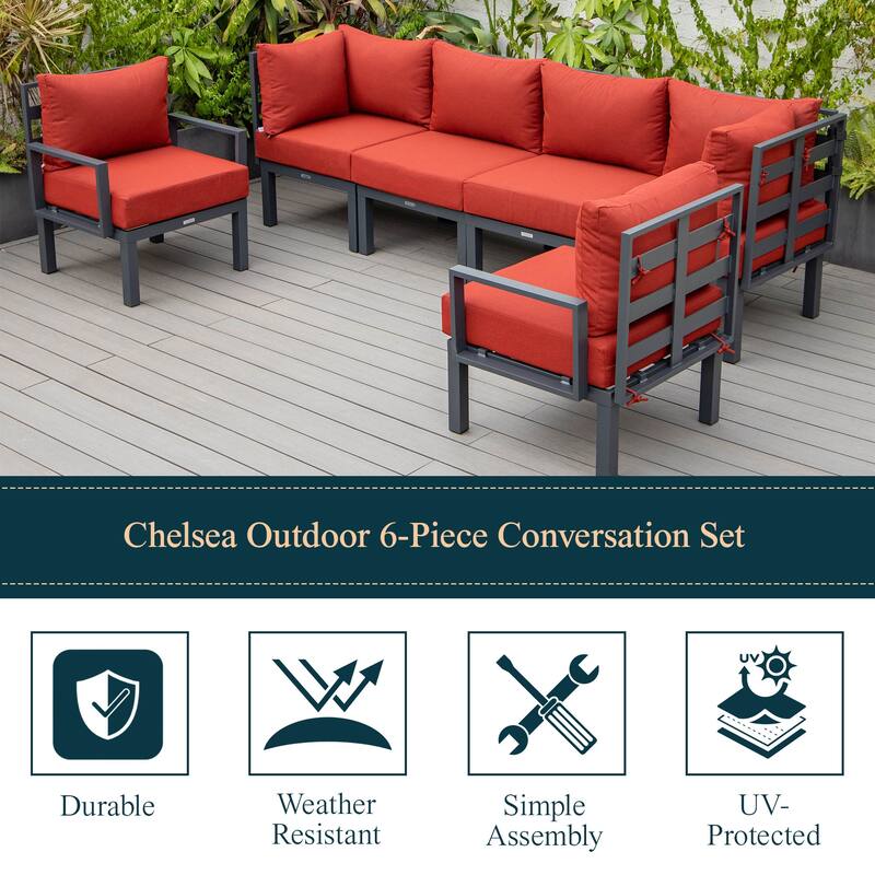Chelsea 6-Piece Outdoor Patio Sectional Set in Black Aluminum with Removable Cushions for Backyard Garden and Patio Deck