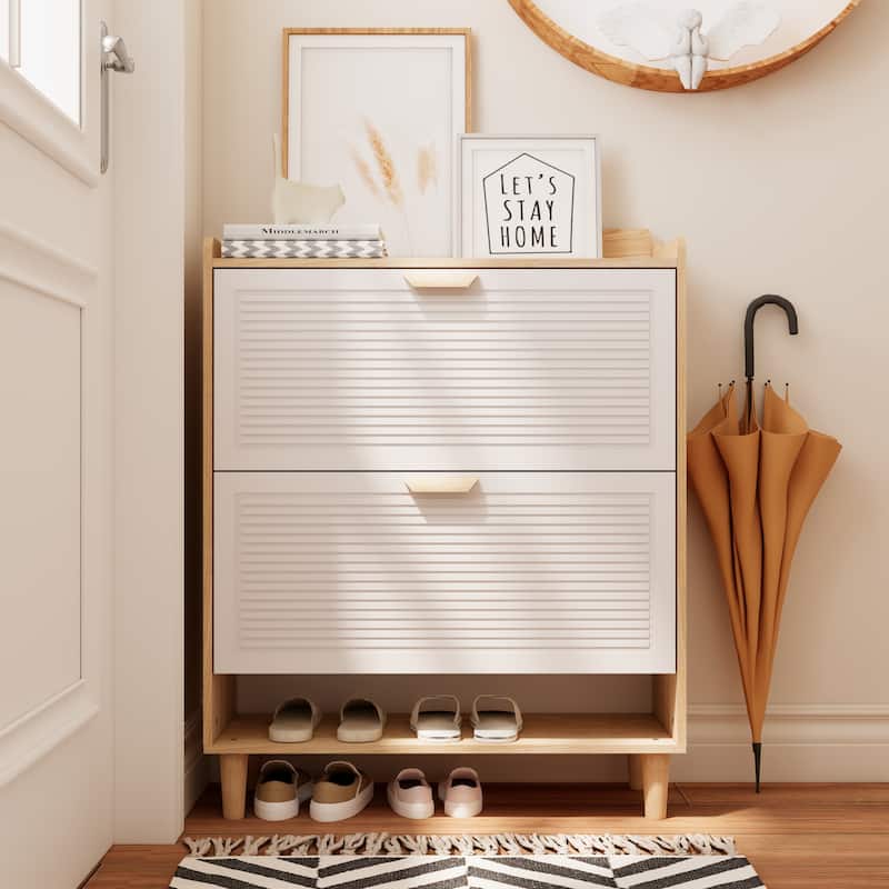 Anmytek White and Wood Entryway Storage Cabinet Flip Down Shoe Organizer for Mudroom and Foyer - White