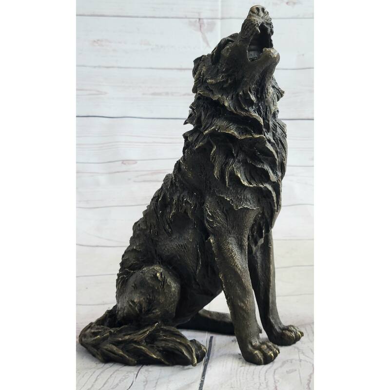 Wolf Howling At The Moon Bronze Statue Sculpture Figurine Signed Art 11 Inches X 12 Inches
