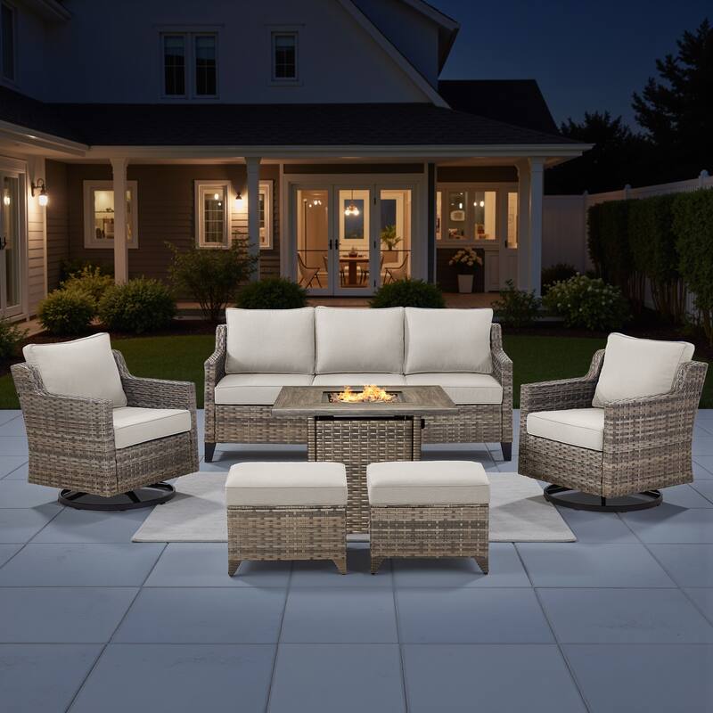 Pocassy 6-Piece Outdoor Sofa Siwvel Chair Ottoman w/ Fire Table - Beige Cushion Gray Wicker - 6-Piece Sofa Siwvel Chair Ottoman w/ Fire Table