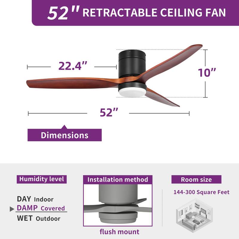 52 Inch Low Profile Ceiling Fan with Lights Remote and Wall Control