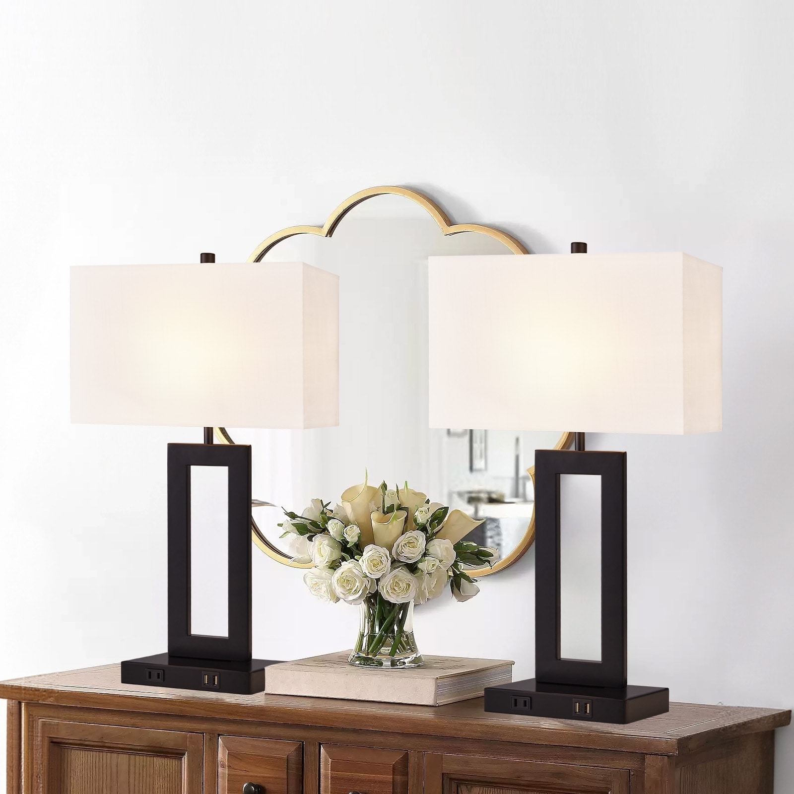 22" Gray USB Table Lamp Set With Touch Control
