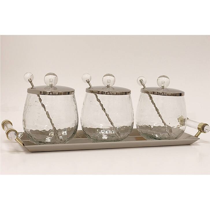 3 Canisters on Rectangle Tray with with Clear Ball Knobs - Silver