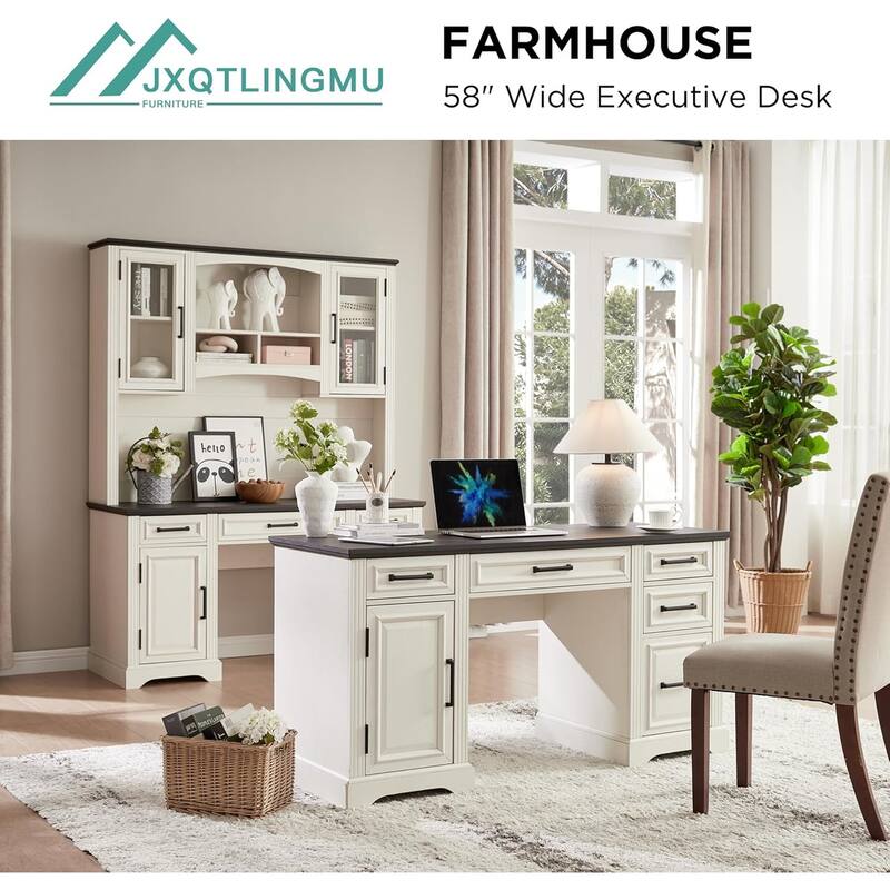 58" Large Computer Desk with Drawers, Embossed Texture Office Desk