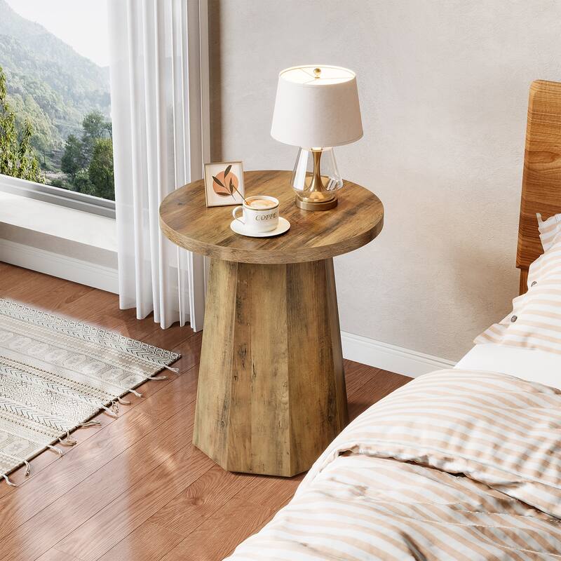 Round End Table, Wooden Couch Side Table, Nightstand Accent Furniture for Living Room, Bedroom
