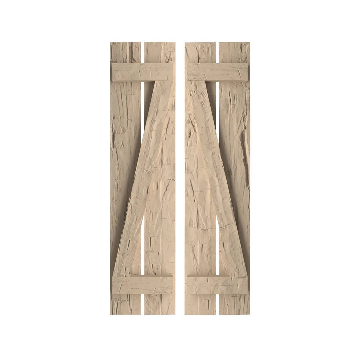 Rustic Two Board Spaced BoardnBatten Faux Wood Shutters w/ZBoard (Per Pair), Primed Tan Bed