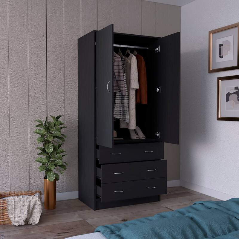 19" Modern Double-door Armoire with 3 Drawers and 1 Hanging Rod for Bedroom