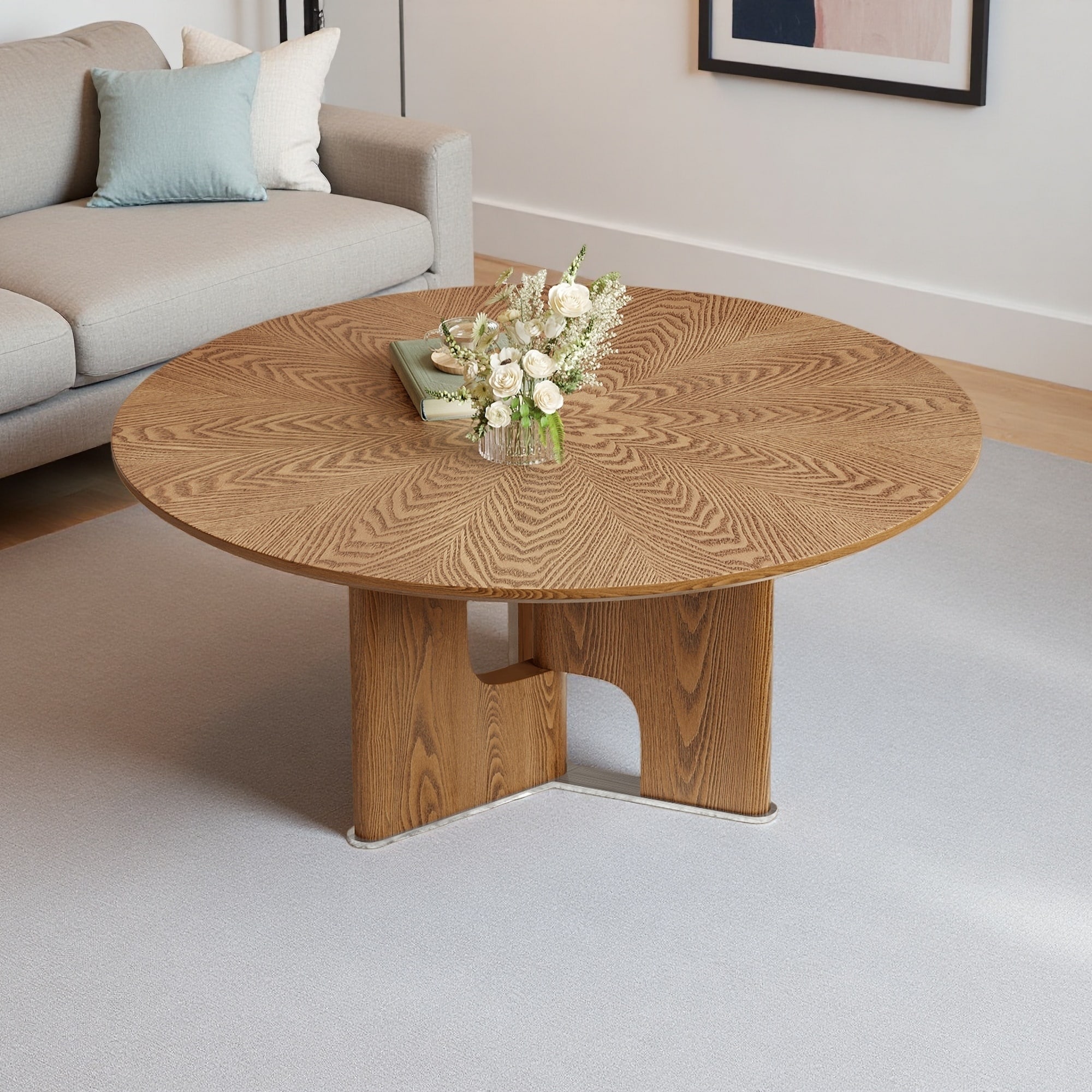 31.5" Round Ash Veneer Coffee Table with Rustic Finish