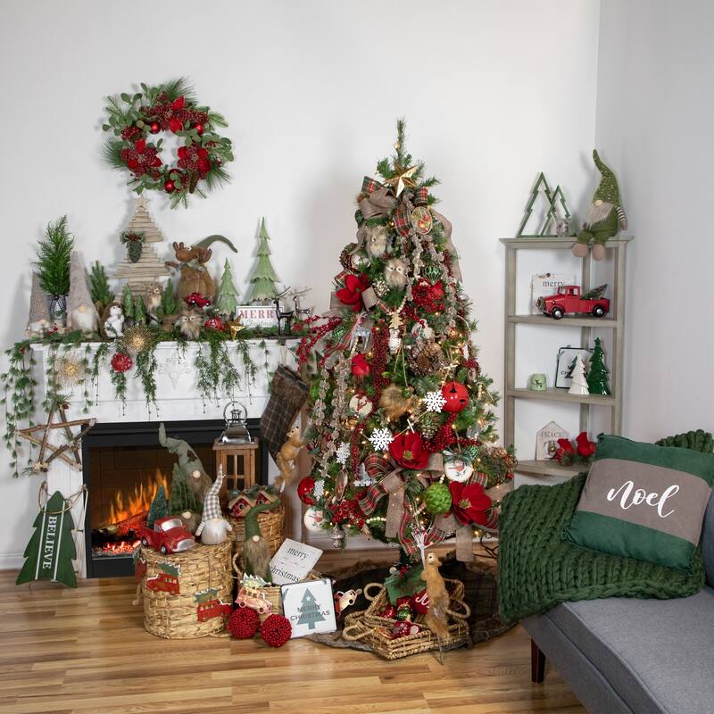 Christmas Trees on a Wooden Base Decoration - 9" - Brown and Green