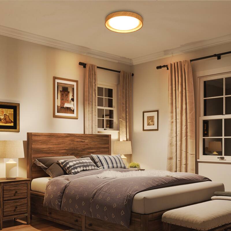 19.7" W Modern Minimalist Round Circle Integrated LED Flush Mount Ceiling Light with Wood Grain Finish