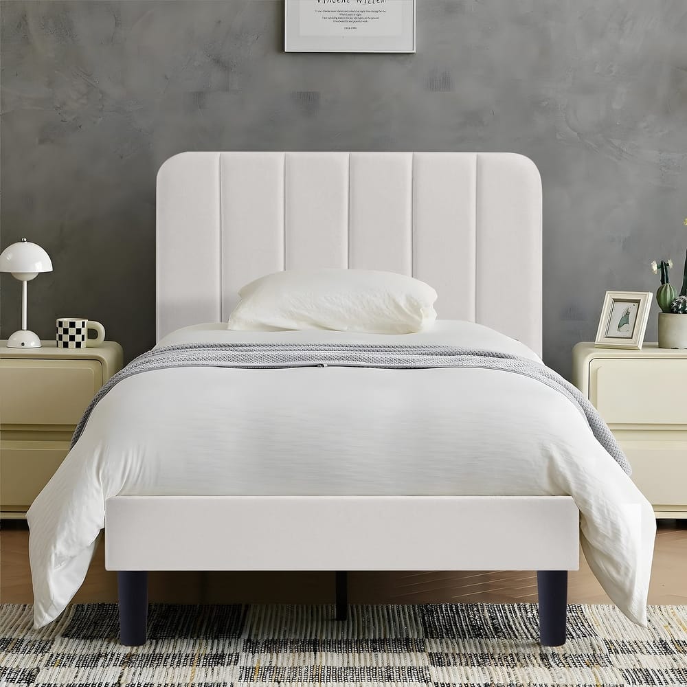 Javlergo Upholstered Adjustable Headboard Velvet Platform Bed Quiet Heavy-Duty Bed Frame No Box Spring Needed