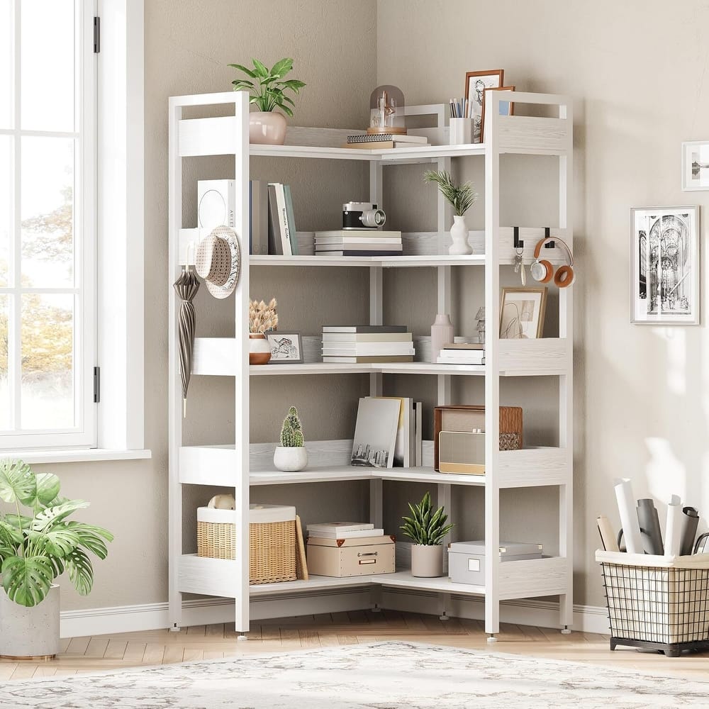 5-Tier Corner Convertible Bookshelf, Industrial Bookcase for Living Room, Bedroom