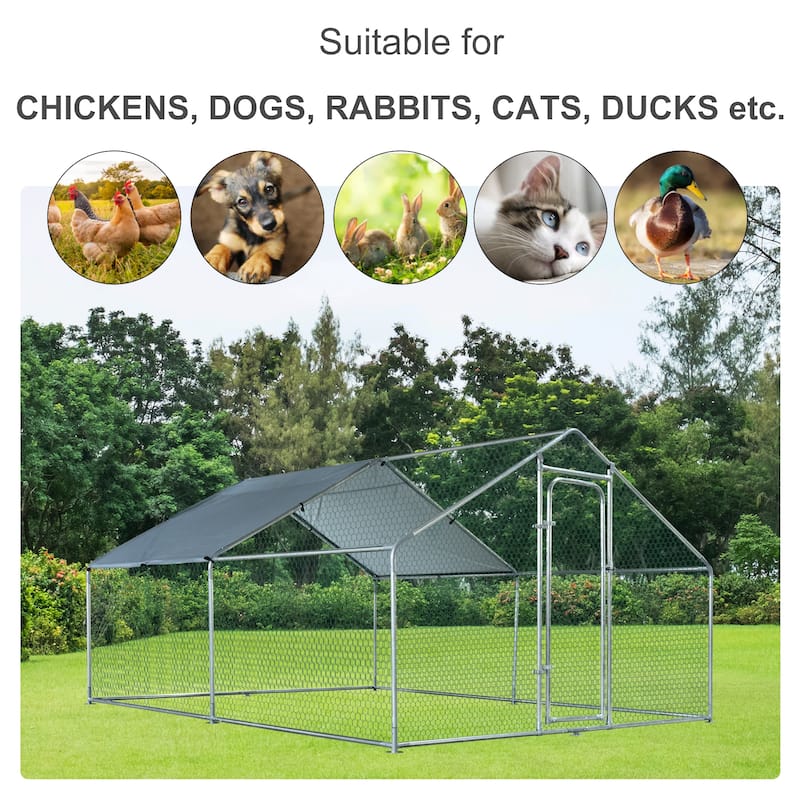 PawHut Galvanized Large Metal Chicken Coop Cage 2 Rooms Walk-in Enclosure Poultry Hen Run House Playpen Rabbit Hutch