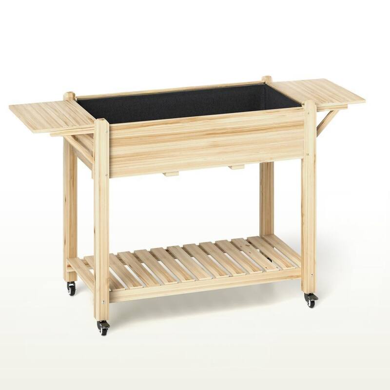 Elevated Garden Bed with Lockable Wheels and Side Tables, Wood Raised Planter Box with Bottom Shelf and Drain Holes