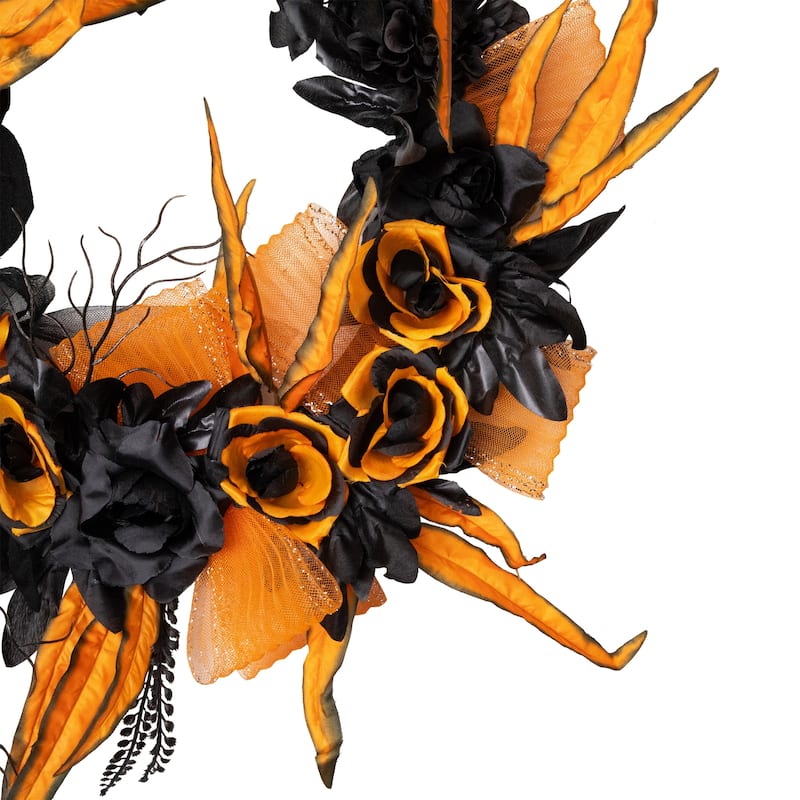 Skull with Black and Orange Roses Halloween Wreath - 14" - Unlit