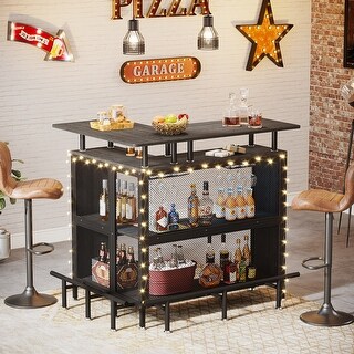 L-shaped Home Bar Table with Storage Shelves and Wine Rack - N/A