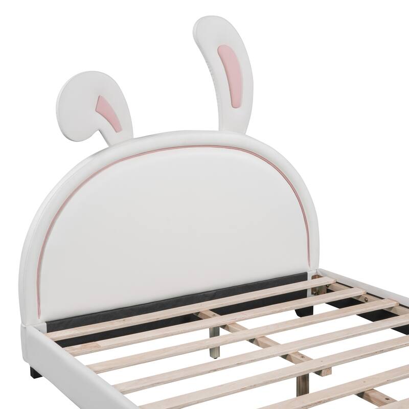 Full Upholstered Leather Bed with Rabbit Ear Ornament, Wood Platform ...