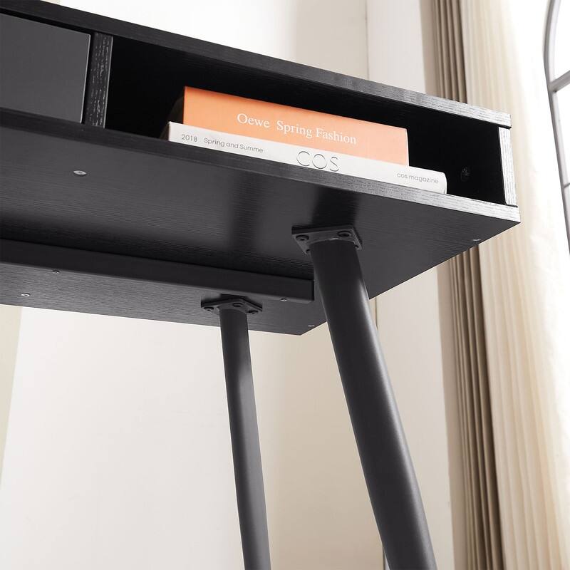 Mid-Century Modern Office Desk with Built-In Charging Station & Storage Drawers