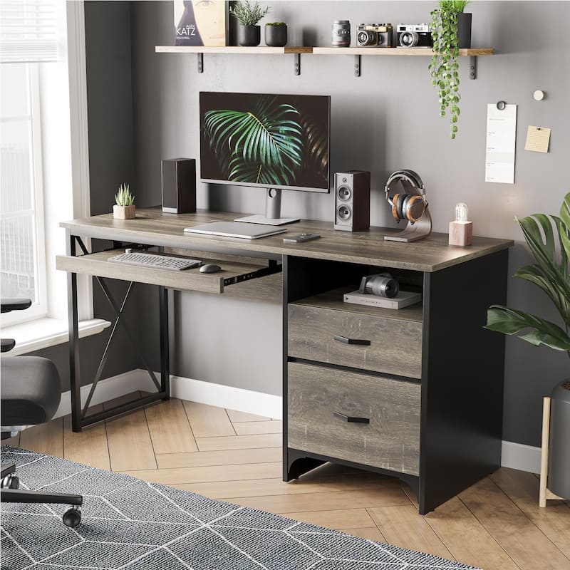 55 inch Computer Desk with Keyboard Tray and Storage Drawers - Dark Grey Oak