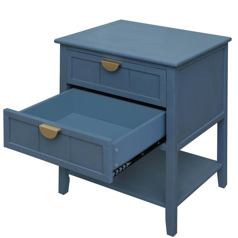 2 Drawer Side table with Bottom Open Shelf and Semi-circular Handle