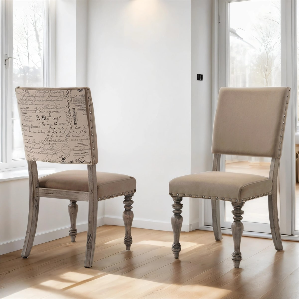 Printed Driftwood Finish Dining Chair with Nail head, Set of 2