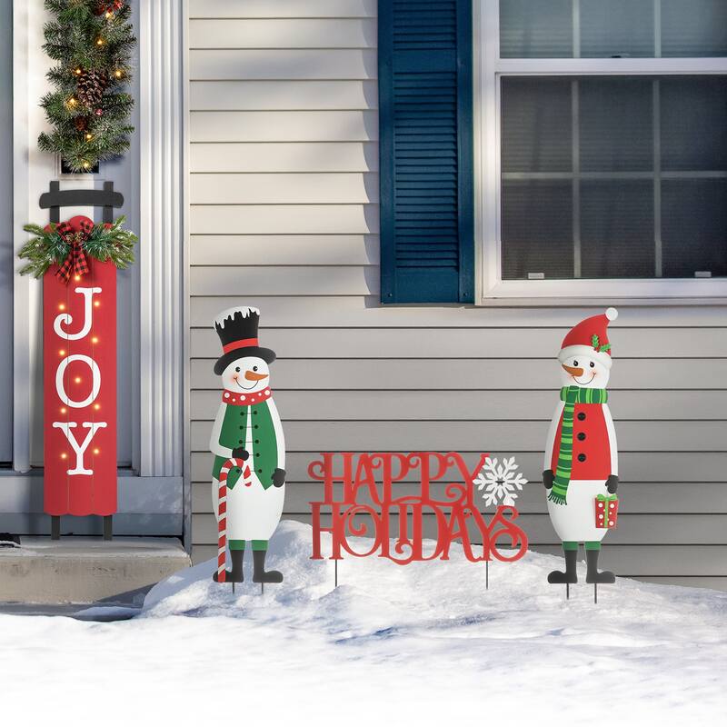 Glitzhome Metal Nutcracker with MERRY CHRISTMAS or Snowman with HAPPY HOLIDAYS Yard Stakes Wall Decor(Set of 3 )