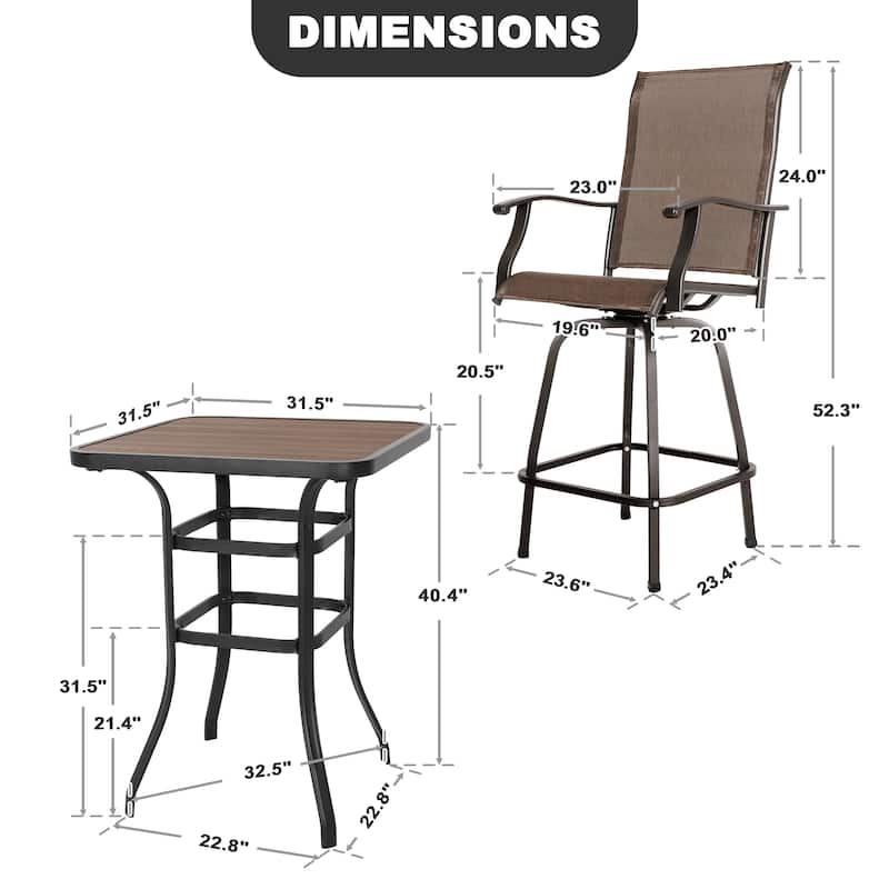 Patio Textilene Bar Set of 3, Height Back Bar Chairs and Faux Wood Tabletop