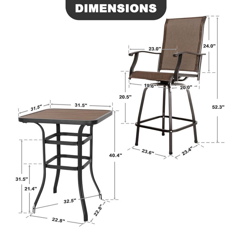 Patio Textilene Bar Set of 5, Height Back Bar Stools and Faux Wood Tabletop