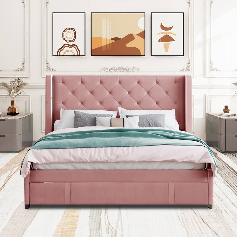 Queen Bed Frame with Storage Drawer, Velvet Upholstered Storage Bed with Button Tufted Headboard - Blue