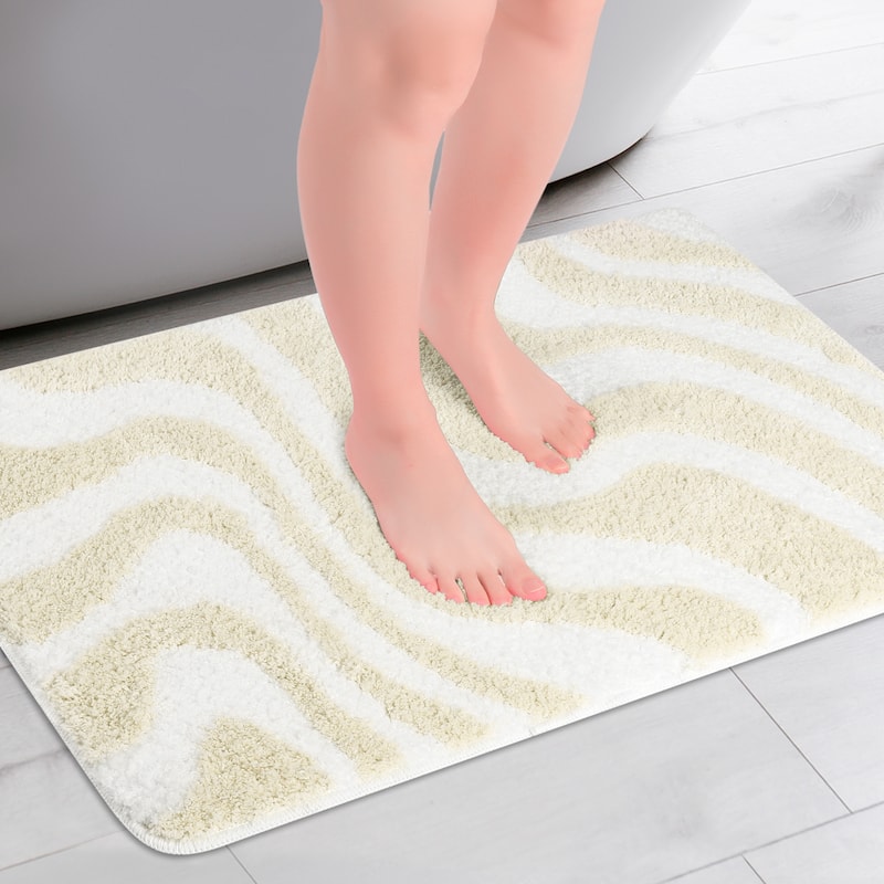 Fashion Wave Pattern Bathroom Rug Mat, Soft Absorbent Bath Carpet, Non-Slip, Shaggy, Machine Wash - Khaki