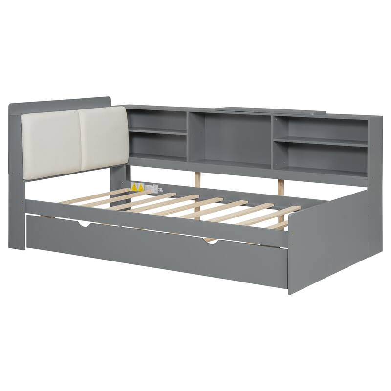 Wooden Storage Daybed Frame, Modern Platform Bed with Trundle & Upholstered Headboard & Shelves, No Box Spring Needed