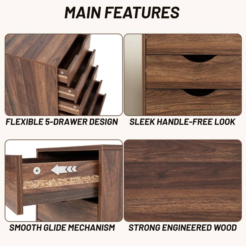 Portable 5-Drawer Wooden Cabinet with 360° Wheels, Smooth Pullout & Extra Top Storage
