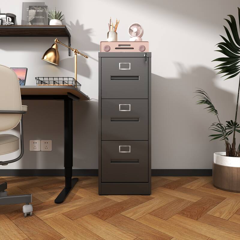 Modern Narrow Vertical File Cabinet, 3 Drawers Filing Cabinet with Lock Adjustable Hanging Rail, for Home Office, Black