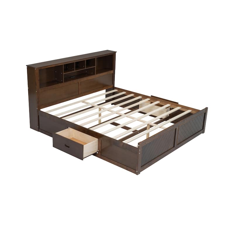 King Size Wood Platform Bed with Multi-storage Headboard, USB and Drawers
