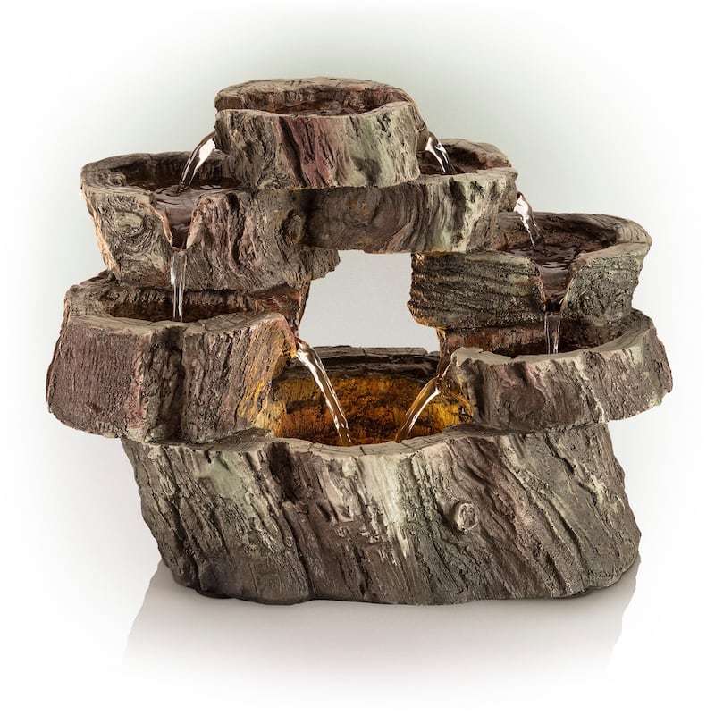 Alpine Corporation 10" Tall Indoor Tabletop Circular Tiered Tree Trunk Waterfall Fountain with LED Lights
