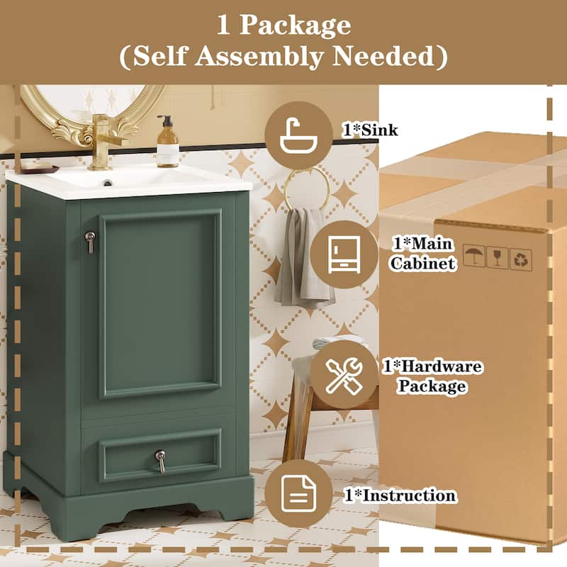 20" Bathroom Vanity with Ceramic Sink, Soft-Close Door, Drawer, Adjustable U-Shaped Shelf, Modern Freestanding Design