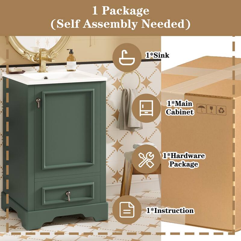 20" Bathroom Vanity with Ceramic Sink Bathroom Storage Cabinet with Adjustable U-Shaped and Drawer