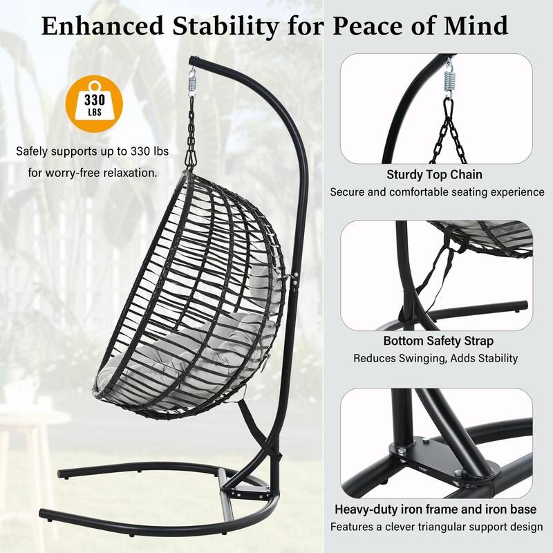 Single Person Folding Egg Chair with Stand, Indoor Outdoor Hanging Wicker Swing Chair with Adjustable Feet