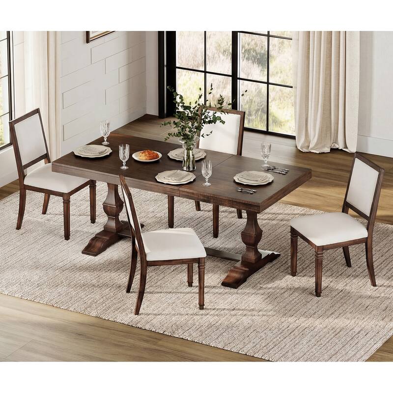 Farmhouse Dining Chair and Bench Set, Solid Wood Upholstered Armless Chair and Dining Bench with Turned Legs - 4 Piece - Espresso Brown