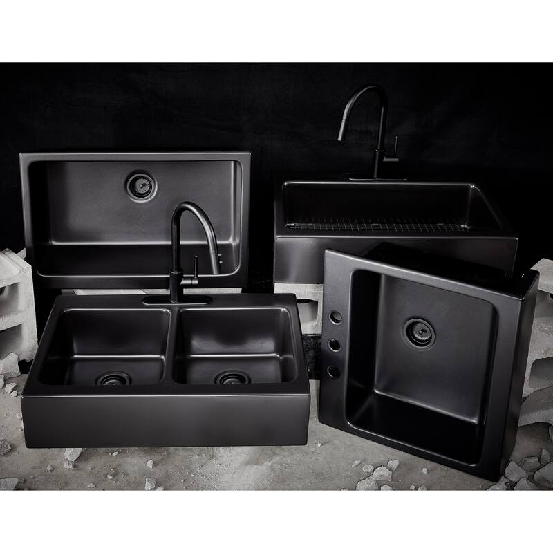 Grace Matte Black Fireclay 34″ Single Bowl Quick-Fit Farmhouse Apron Front Undermount Kitchen Sink and Drain