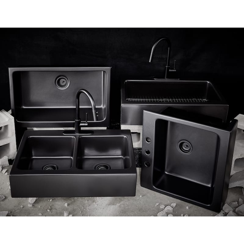 Parker Matte Black Fireclay 34" Double Bowl Quick-Fit Farmhouse Apron Front Drop-in Kitchen Sink and Drains