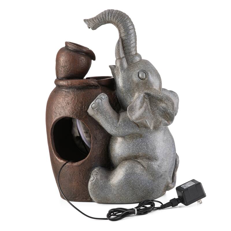 Glitzhome 4-Tiered Dogs or Elephant and Pot Polyresin Outdoor Fountain with Pump and LED Light