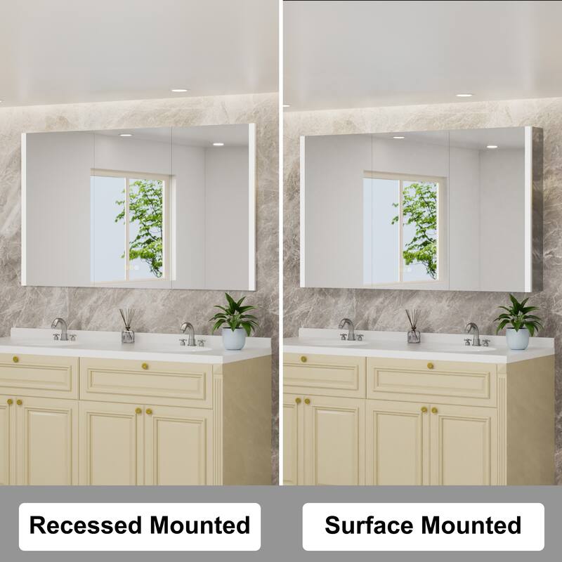 Rail Aluminum Recessed/Surface Mount Bathroom Medicine Cabinet with Mirror, Adjustable Brightness, Defogging & USB Port