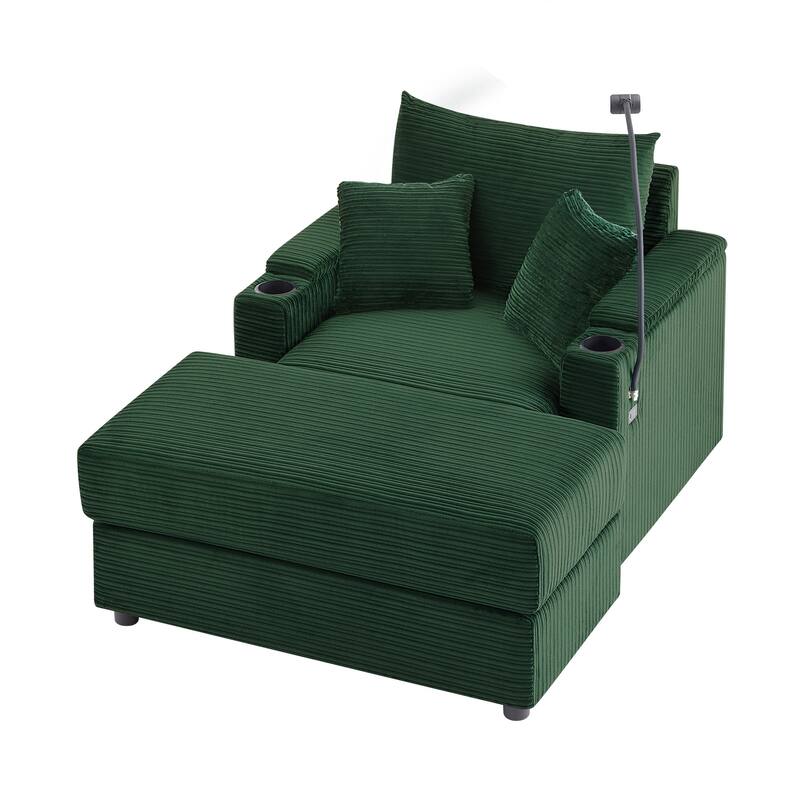 Modern Single Sofa with Movable Ottoman, Hidden Storage, USB Ports, Cup Holders and Phone Holder for Living Room