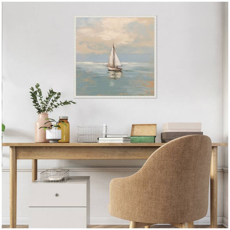 Kate and Laurel Sylvie Calm Pastel Sailboat Landscape Framed Canvas by The Creative Bunch Studio